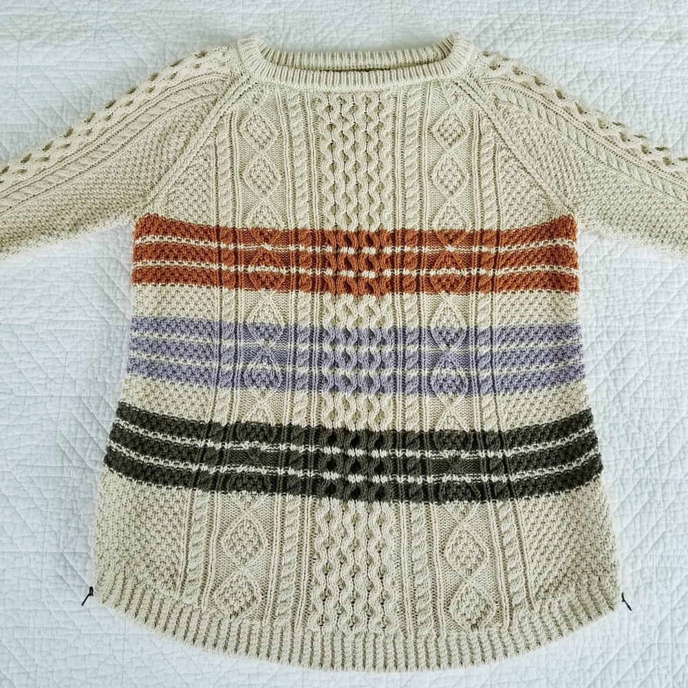 L.L. Bean Beige Stripe Chunky Cotton Cable Knit Fisherman Tunic Sweater Large - Picture 3 of 7